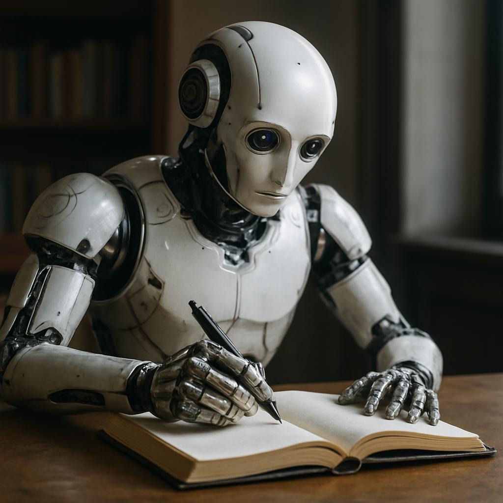 Picture of a robot writing a book